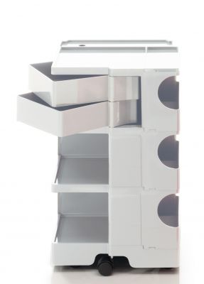 Weißer Boby Rollcontainer mit Schubladen und Ablagefächern, ideal für Büro und Werkstatt.